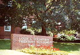 [color photograph of Building marker, Goldstein Treasury Building]
