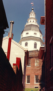 [Color photograph of Maryland State House, view from Chancery Lane]
